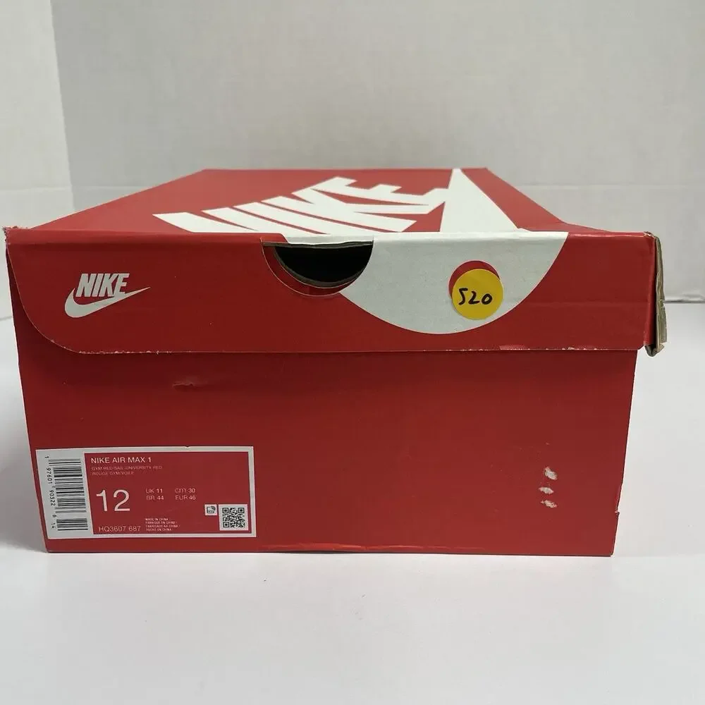 Nike Air Max 1 Gym Red Crimson HQ3607 687 Size 12 White Low Top Sneaker Summer